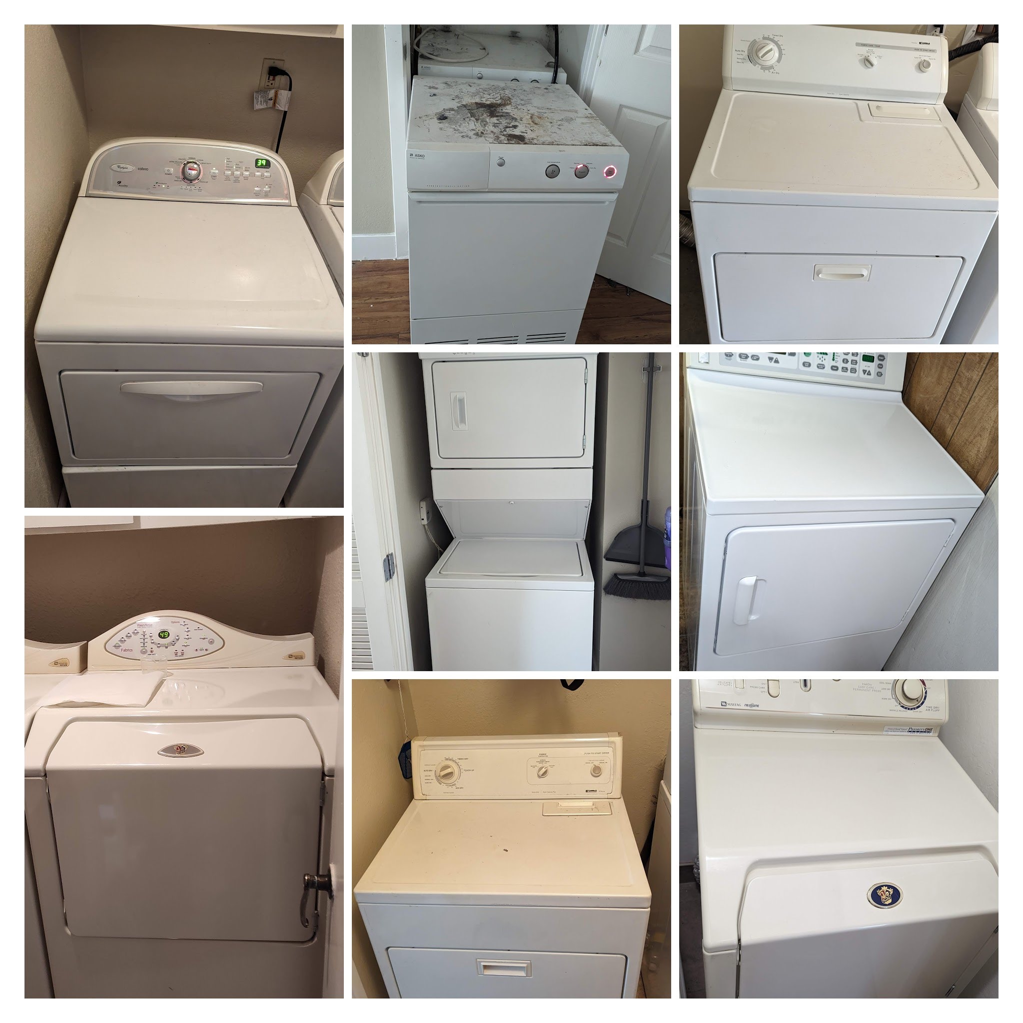 A modern white clothes dryer being serviced by a technician